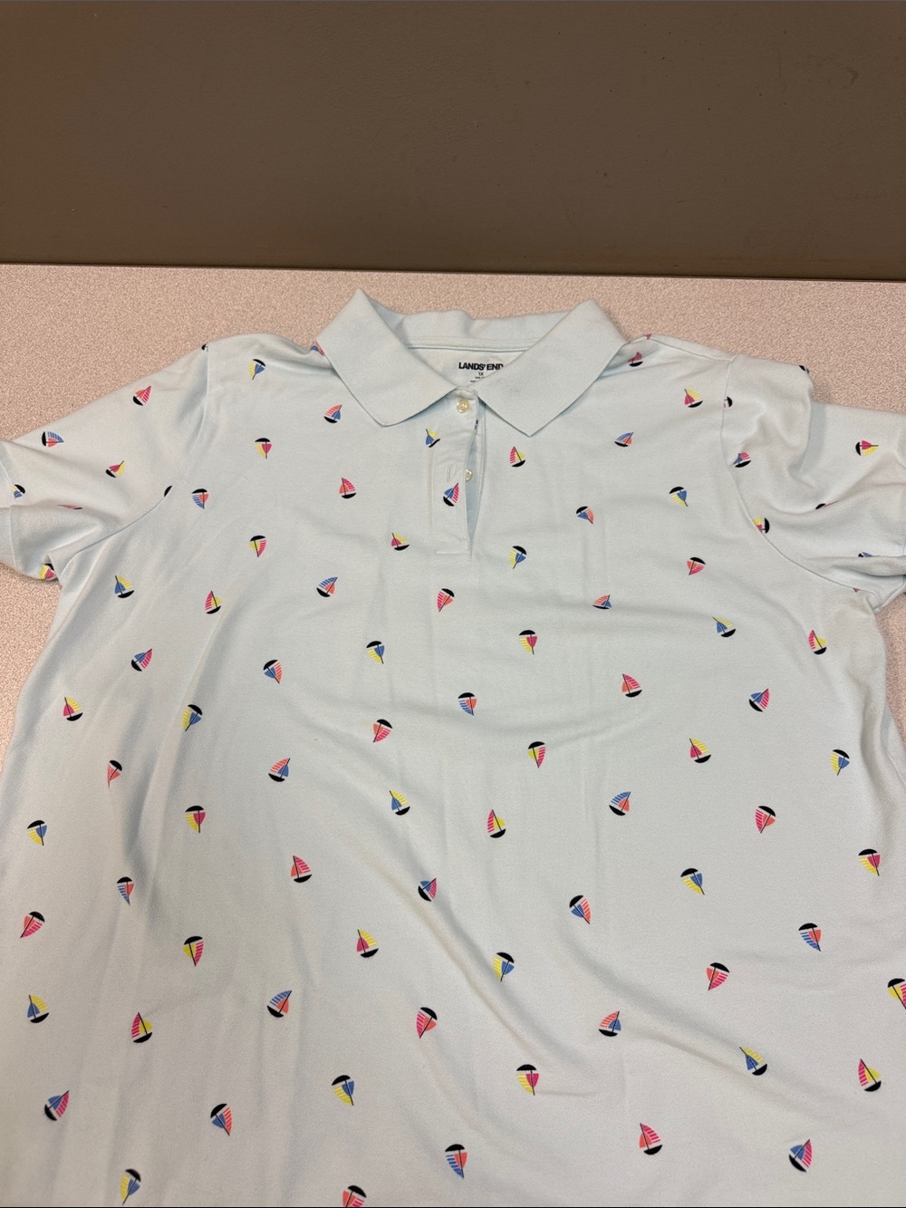 Lands' End Light Blue Polo with Multicolor Sailboat Print